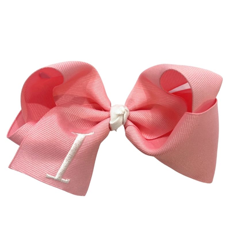 Wee Ones Medium Monogrammed Grosgrain Girls Hair Bow - White with Light Pink Initial D