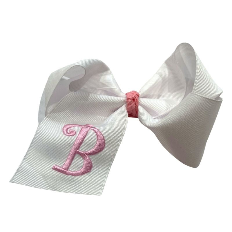 Wee Ones Medium Monogrammed Grosgrain Girls Hair Bow - White with Light Pink Initial D